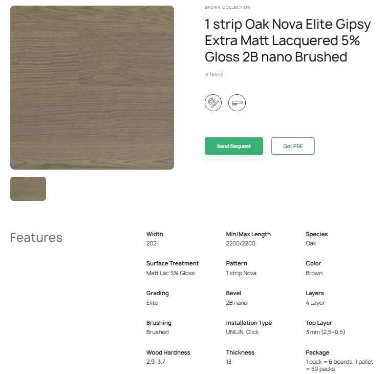 1 juostos ąžuolo parketlentės „Nova Elite Gipsy“ Extra Matt Lacquered 5% Gloss 2B nano Brushed – #16513