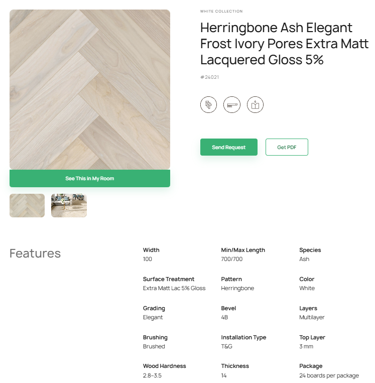 „Herringbone“ rašto uosio parketlentės „Elegant Frost Ivory Pores“ Extra Matt Lacquered Gloss 5% – #24021