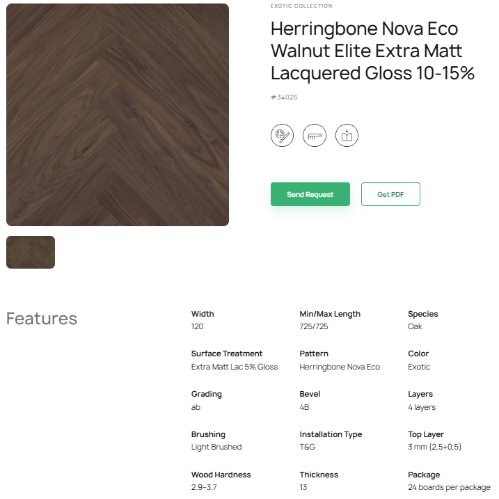„Herringbone“ rašto riešutmedžio parketlentės „Nova Eco Elite“ Extra Matt Lacquered Gloss 10–15% – #34025