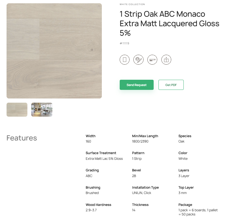 1 juostos ąžuolo parketlentės „ABC Monaco“ Extra Matt Lacquered Gloss 5% – #11119