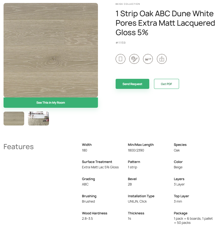 1 juostos ąžuolo parketlentės „ABC Dune“ White Pores Extra Matt Lacquered Gloss 5% – #11159