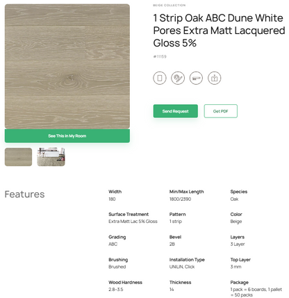 1 juostos ąžuolo parketlentės „ABC Dune“ White Pores Extra Matt Lacquered Gloss 5% – #11159