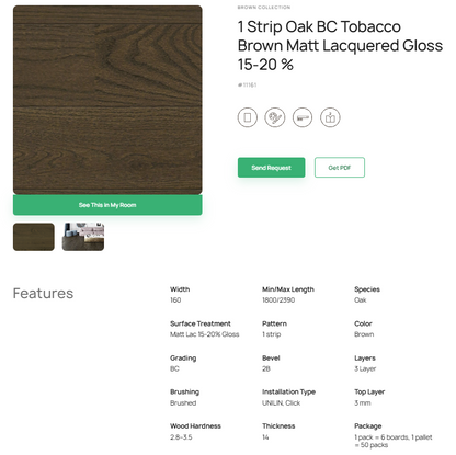 1 juostos ąžuolo parketlentės „BC Tobacco Brown“ Matt Lacquered Gloss 15–20% – #11161