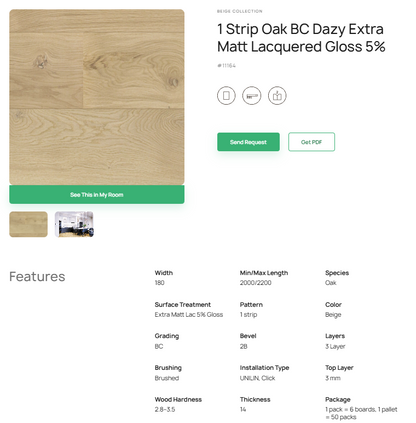 1 juostos ąžuolo parketlentės „BC Dazy“ Extra Matt Lacquered Gloss 5% – #11164
