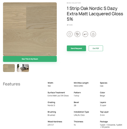 1 juostos ąžuolo parketlentės „Nordic S Dazy“ Extra Matt Lacquered Gloss 5% – #11218