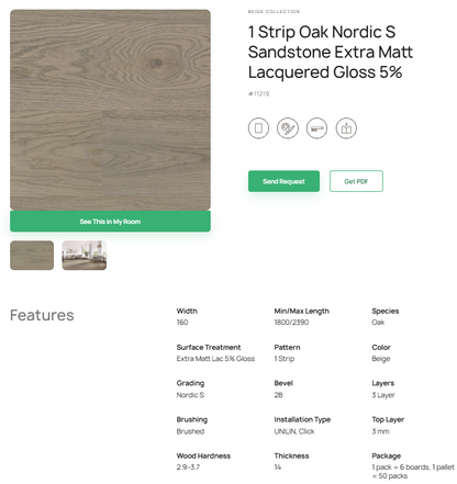 1 juostos ąžuolo parketlentės „Nordic S Sandstone“ Extra Matt Lacquered Gloss 5% – #11219