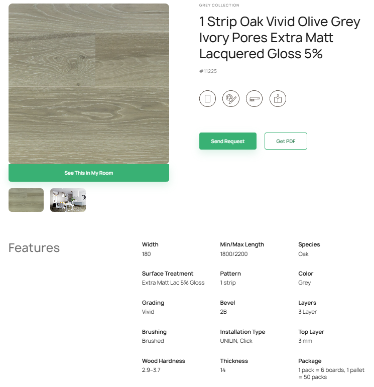 1 juostos ąžuolo parketlentės „Vivid Olive Grey“ Ivory Pores Extra Matt Lacquered Gloss 5% – #11225