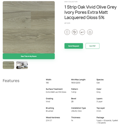 1 juostos ąžuolo parketlentės „Vivid Olive Grey“ Ivory Pores Extra Matt Lacquered Gloss 5% – #11225