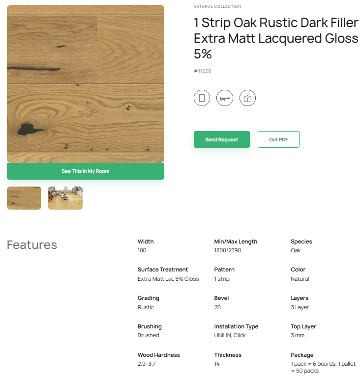 1 juostos ąžuolo parketlentės „Rustic Dark Filler“ Extra Matt Lacquered Gloss 5% – #11228