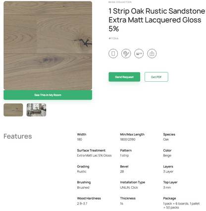 1 juostos ąžuolo parketlentės „Rustic Sandstone“ Extra Matt Lacquered Gloss 5% – #11244