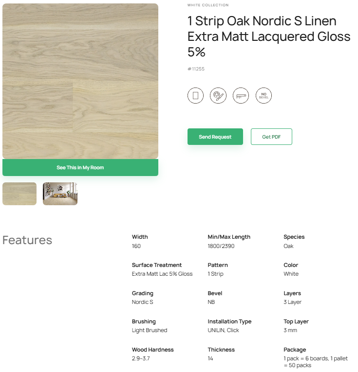 1 juostos ąžuolo parketlentės „Nordic S Linen“ Extra Matt Lacquered Gloss 5% – #11255