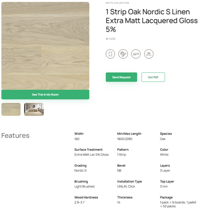 1 juostos ąžuolo parketlentės „Nordic S Linen“ Extra Matt Lacquered Gloss 5% – #11255