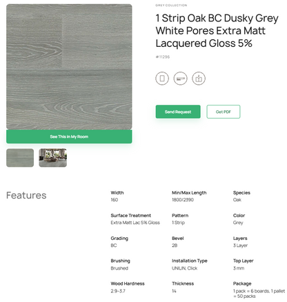 1 juostos ąžuolo parketlentės „BC Dusky Grey“ White Pores Extra Matt Lacquered Gloss 5% – #11296
