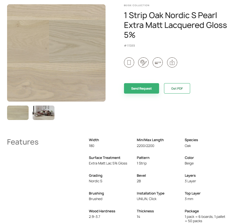 1 juostos ąžuolo parketlentės „Nordic S Pearl“ Extra Matt Lacquered Gloss 5% – #11589
