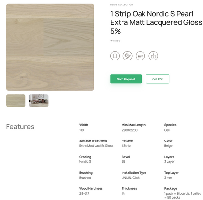 1 juostos ąžuolo parketlentės „Nordic S Pearl“ Extra Matt Lacquered Gloss 5% – #11589