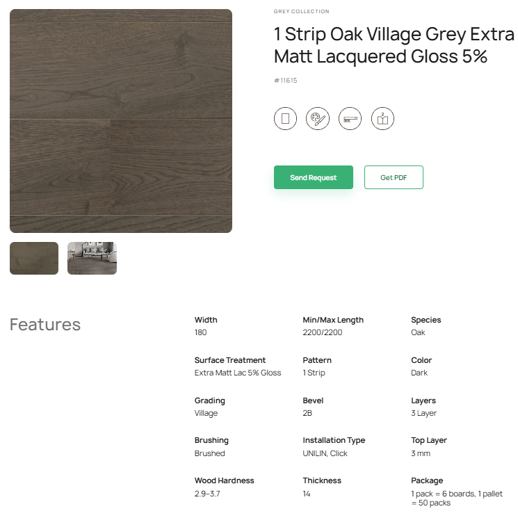 1 juostos ąžuolo parketlentės „Village Grey“ Extra Matt Lacquered Gloss 5% – #11615