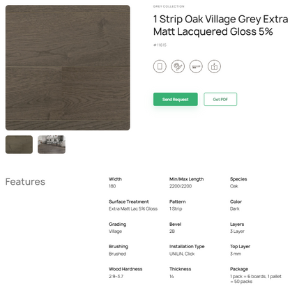 1 juostos ąžuolo parketlentės „Village Grey“ Extra Matt Lacquered Gloss 5% – #11615