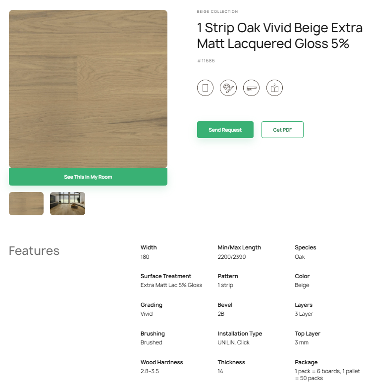 1 juostos ąžuolo parketlentės „Vivid Beige“ Extra Matt Lacquered Gloss 5% – #11686