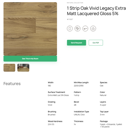 1 juostos ąžuolo parketlentės „Vivid Legacy“ Extra Matt Lacquered Gloss 5% – #11687