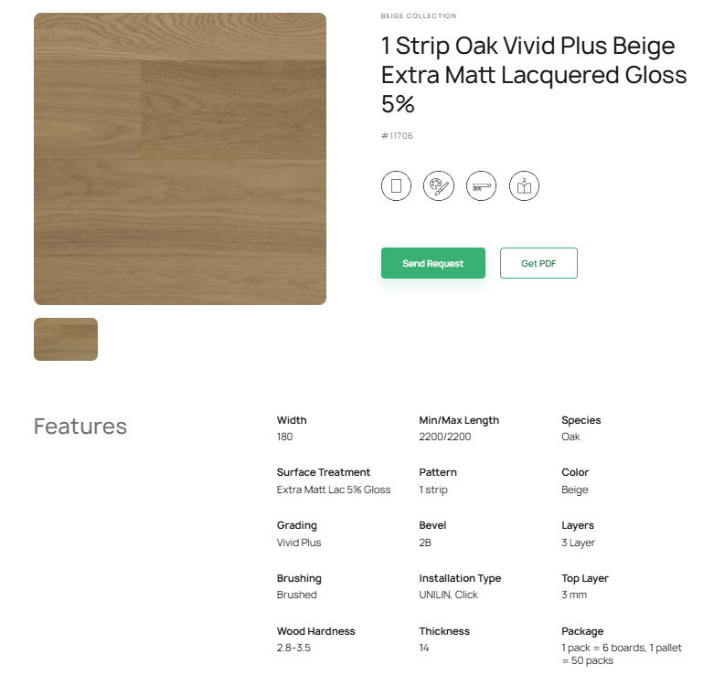 1 juostos ąžuolo parketlentės „Vivid Plus Beige“ Extra Matt Lacquered Gloss 5% – #11706