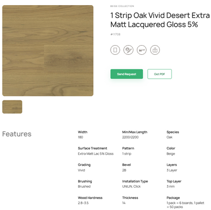 1 juostos ąžuolo parketlentės „Vivid Desert“ Extra Matt Lacquered Gloss 5% – #11708