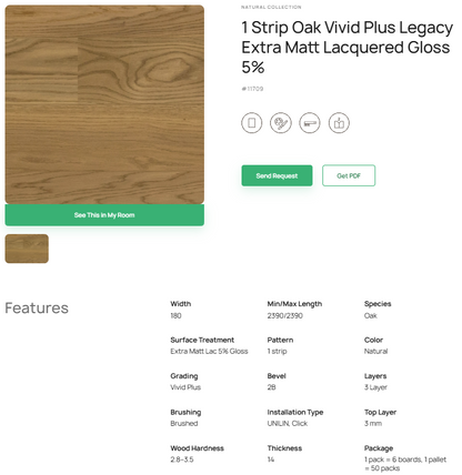 1 juostos ąžuolo parketlentės „Vivid Plus Legacy“ Extra Matt Lacquered Gloss 5% – #11709