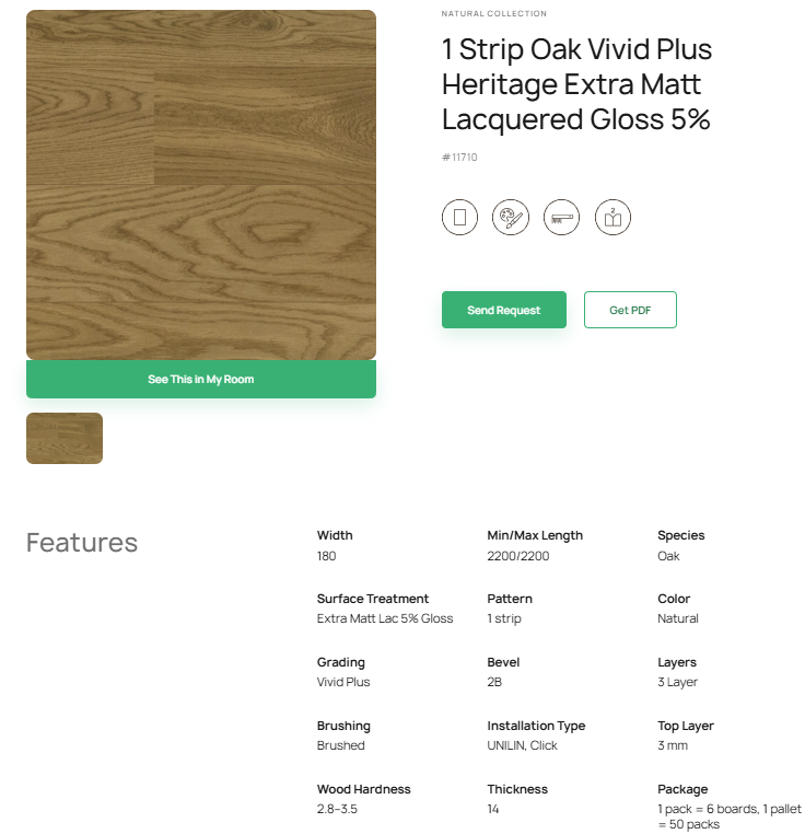 1 juostos ąžuolo parketlentės „Vivid Plus Heritage“ Extra Matt Lacquered Gloss 5% – #11710