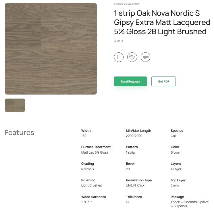 1 juostos ąžuolo parketlentės „Nova Nordic S Gipsy“ Extra Matt Lacquered 5% Gloss 2B Light Brushed – #11715