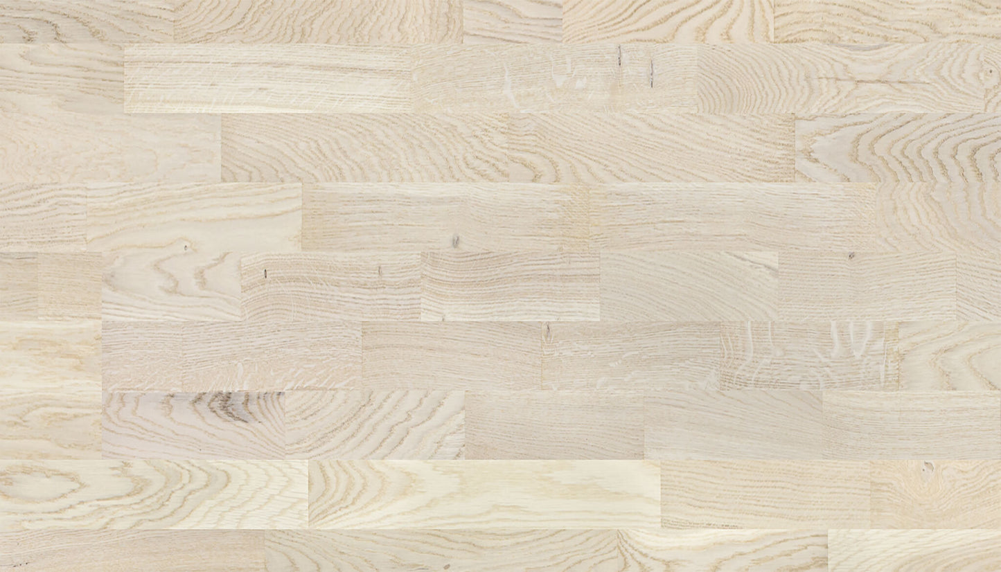 3 juostų ąžuolo parketlentės „Promo White“ Extra Matt Lacquered Gloss 5–11% – #13202