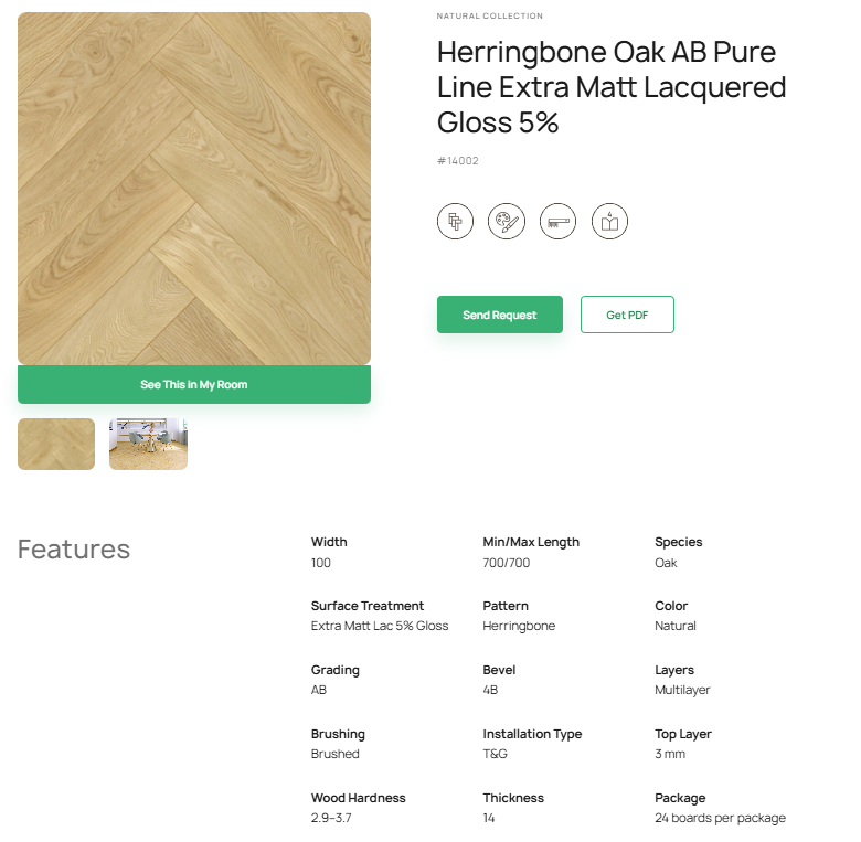 „Herringbone“ rašto ąžuolo parketlentės „AB Pure Line“ Extra Matt Lacquered Gloss 5% – #14002