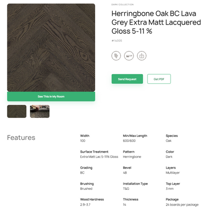 „Herringbone“ rašto ąžuolo parketlentės „BC Lava Grey“ Extra Matt Lacquered Gloss 5–11% – #14005