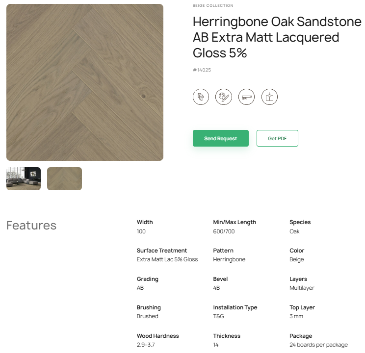 „Herringbone“ rašto ąžuolo parketlentės „Sandstone AB“ Extra Matt Lacquered Gloss 5% – #14025
