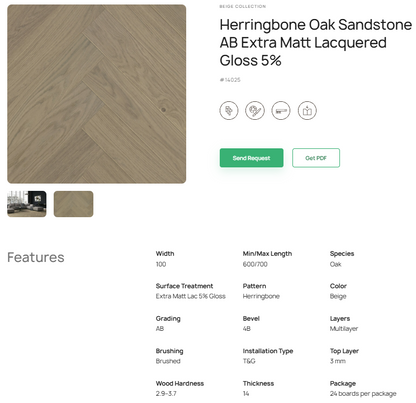„Herringbone“ rašto ąžuolo parketlentės „Sandstone AB“ Extra Matt Lacquered Gloss 5% – #14025