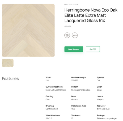 „Herringbone“ rašto ąžuolo parketlentės „Nova Eco Elite Latte“ Extra Matt Lacquered Gloss 5% – #14069