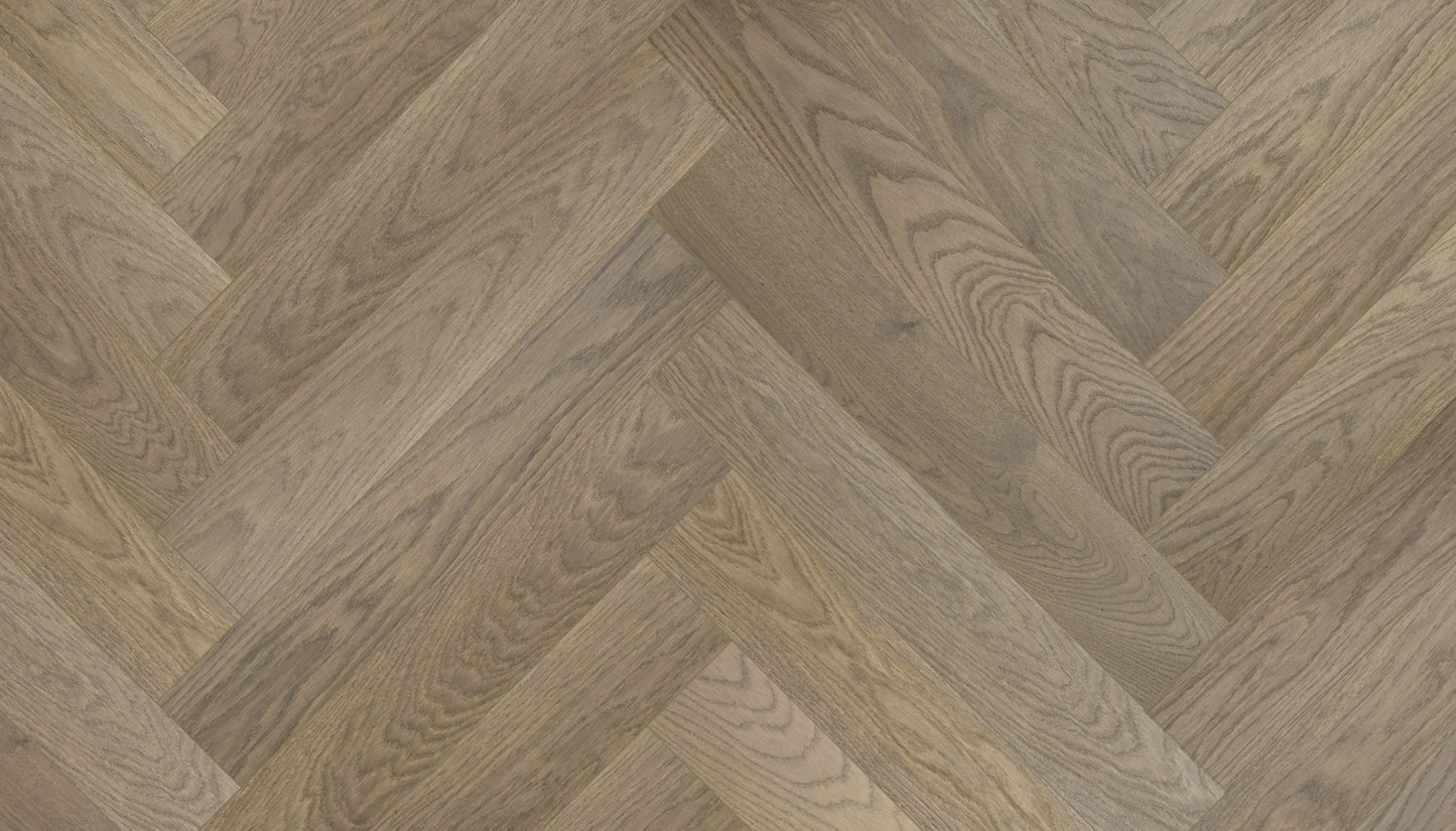 „Herringbone“ rašto ąžuolo parketlentės „Nordic S Gipsy“ R+L T&G P Light Brushed Extra Matt Lacquered 5% Gloss – #14084