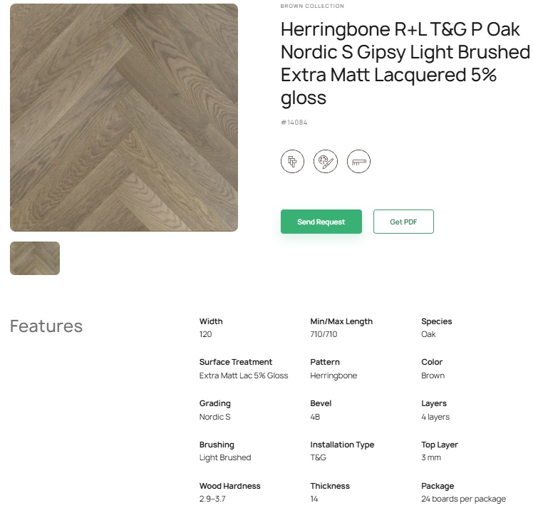 „Herringbone“ rašto ąžuolo parketlentės „Nordic S Gipsy“ R+L T&G P Light Brushed Extra Matt Lacquered 5% Gloss – #14084