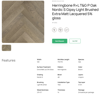 „Herringbone“ rašto ąžuolo parketlentės „Nordic S Gipsy“ R+L T&G P Light Brushed Extra Matt Lacquered 5% Gloss – #14084