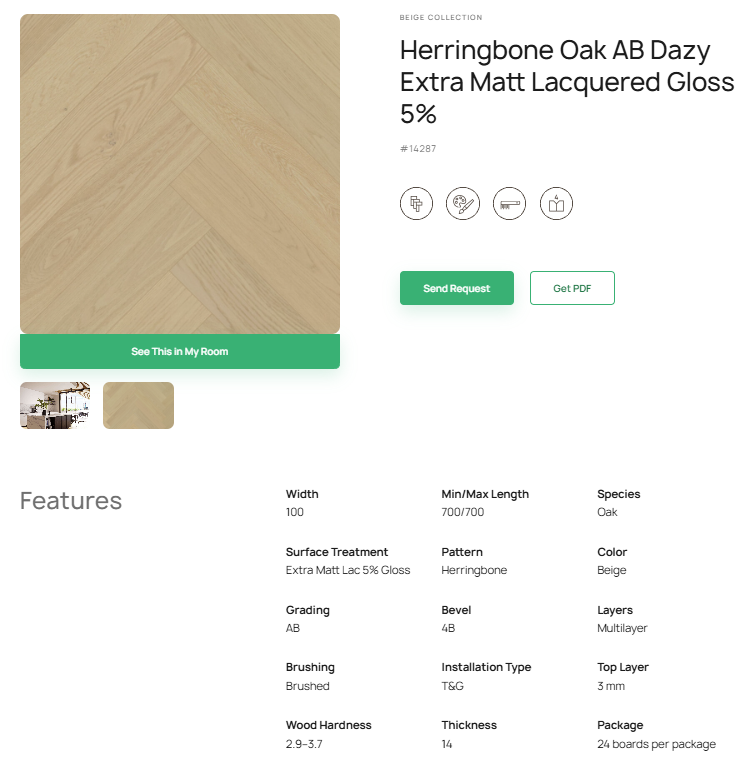 „Herringbone“ rašto ąžuolo parketlentės „AB Dazy“ Extra Matt Lacquered Gloss 5% – #14287