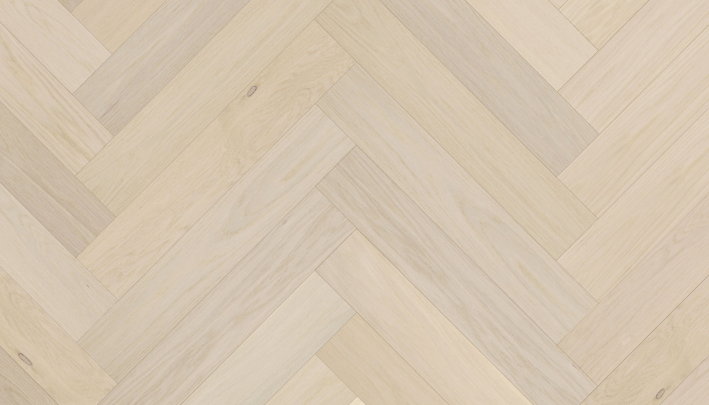 „Herringbone“ rašto ąžuolo parketlentės „AB Latte“ Extra Matt Lacquered Gloss 5% – #14289