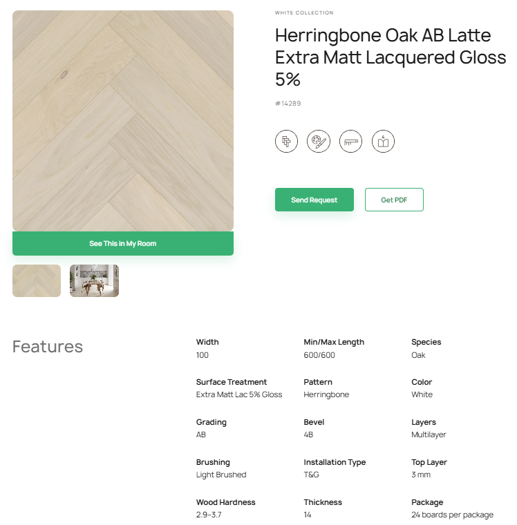 „Herringbone“ rašto ąžuolo parketlentės „AB Latte“ Extra Matt Lacquered Gloss 5% – #14289