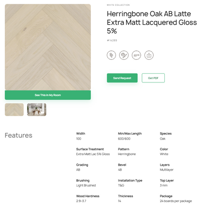 „Herringbone“ rašto ąžuolo parketlentės „AB Latte“ Extra Matt Lacquered Gloss 5% – #14289