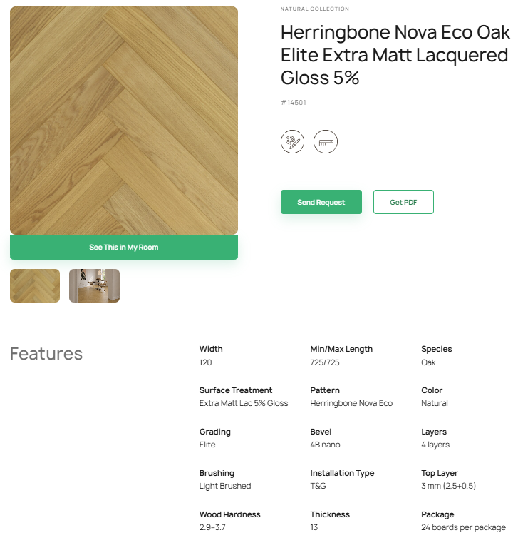 „Herringbone“ rašto ąžuolo parketlentės „Nova Eco Elite“ Extra Matt Lacquered Gloss 5% – #14501