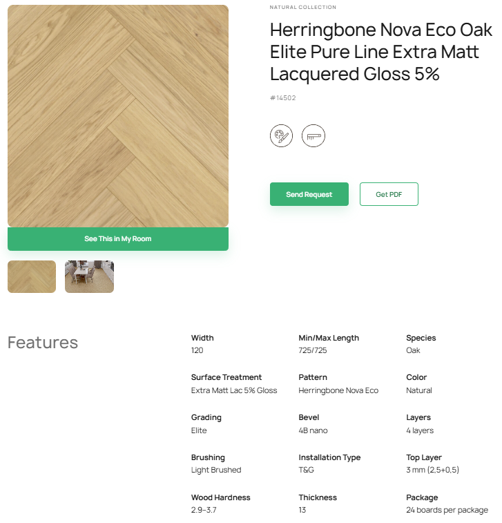 „Herringbone“ rašto ąžuolo parketlentės „Nova Eco Elite Pure Line“ Extra Matt Lacquered Gloss 5% – #14502