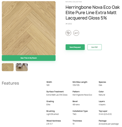 „Herringbone“ rašto ąžuolo parketlentės „Nova Eco Elite Pure Line“ Extra Matt Lacquered Gloss 5% – #14502