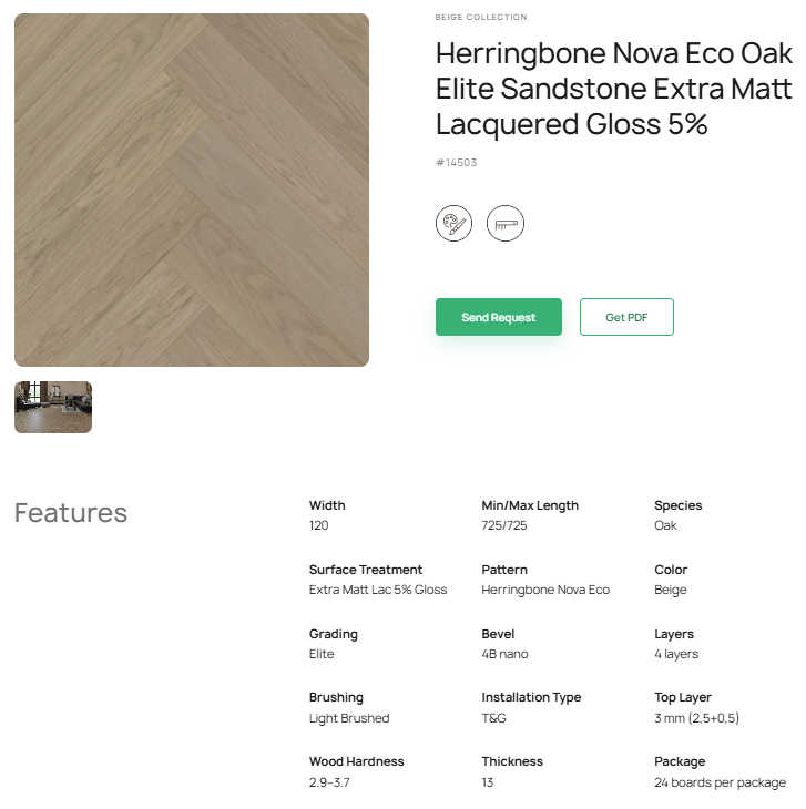 „Herringbone“ rašto ąžuolo parketlentės „Nova Eco Elite Sandstone“ Extra Matt Lacquered Gloss 5% – #14503