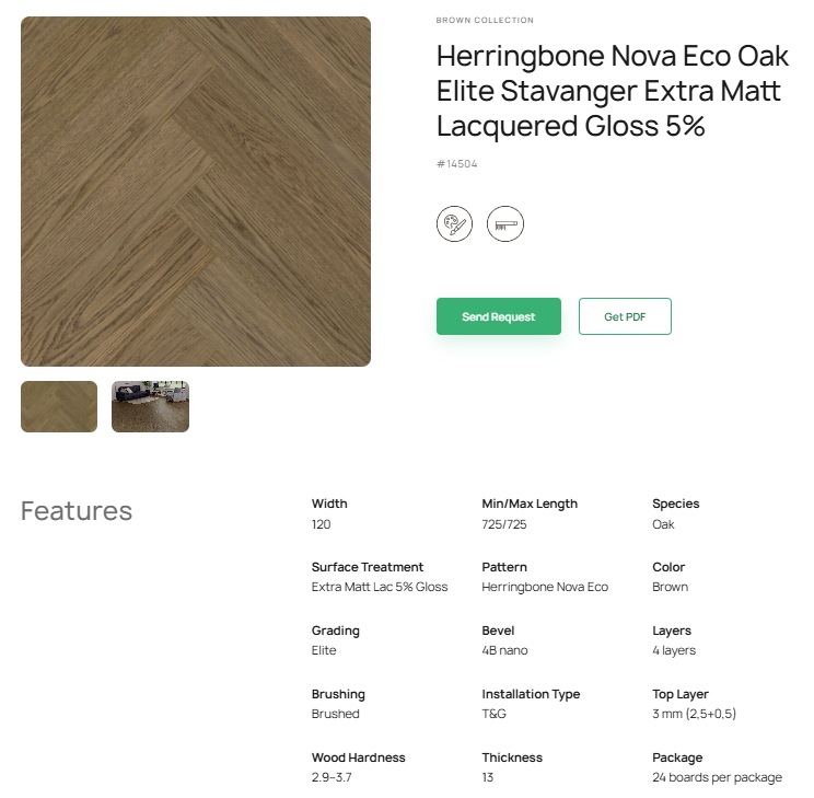 „Herringbone“ rašto ąžuolo parketlentės „Nova Eco Elite Stavanger“ Extra Matt Lacquered Gloss 5% – #14504