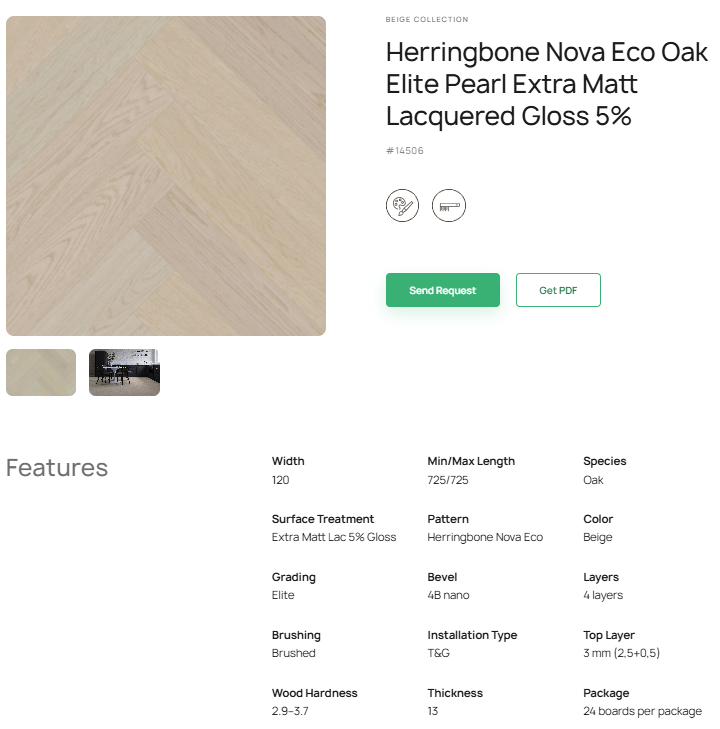 „Herringbone“ rašto ąžuolo parketlentės „Nova Eco Elite Pearl“ Extra Matt Lacquered Gloss 5% – #14506
