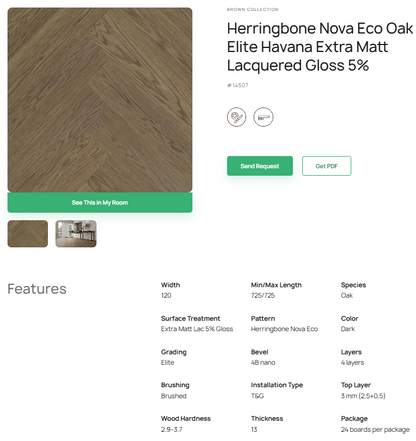 „Herringbone“ rašto ąžuolo parketlentės „Nova Eco Elite Havana“ Extra Matt Lacquered Gloss 5% – #14507