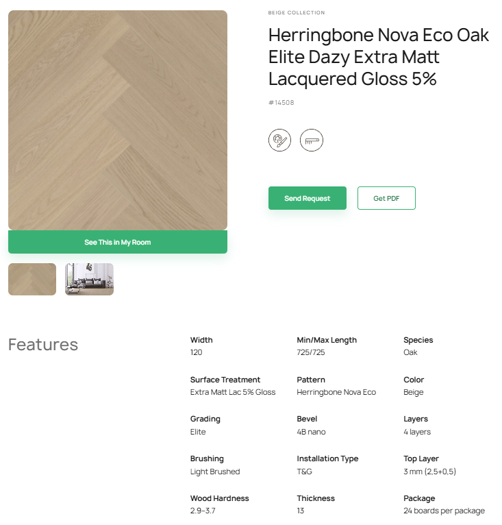 „Herringbone“ rašto ąžuolo parketlentės „Nova Eco Elite Dazy“ Extra Matt Lacquered Gloss 5% – #14508