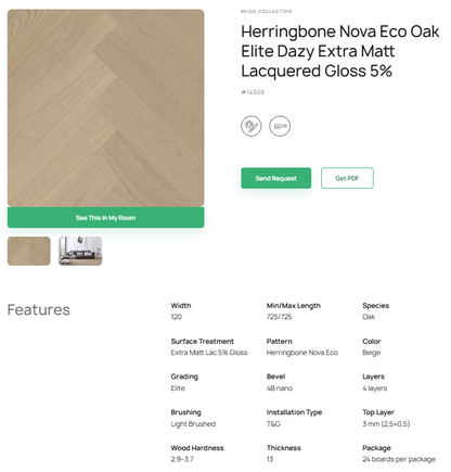 „Herringbone“ rašto ąžuolo parketlentės „Nova Eco Elite Dazy“ Extra Matt Lacquered Gloss 5% – #14508